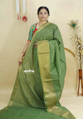 Sage Green - Sithara - Semi Tussar saree grooves with buttas and Multi Border